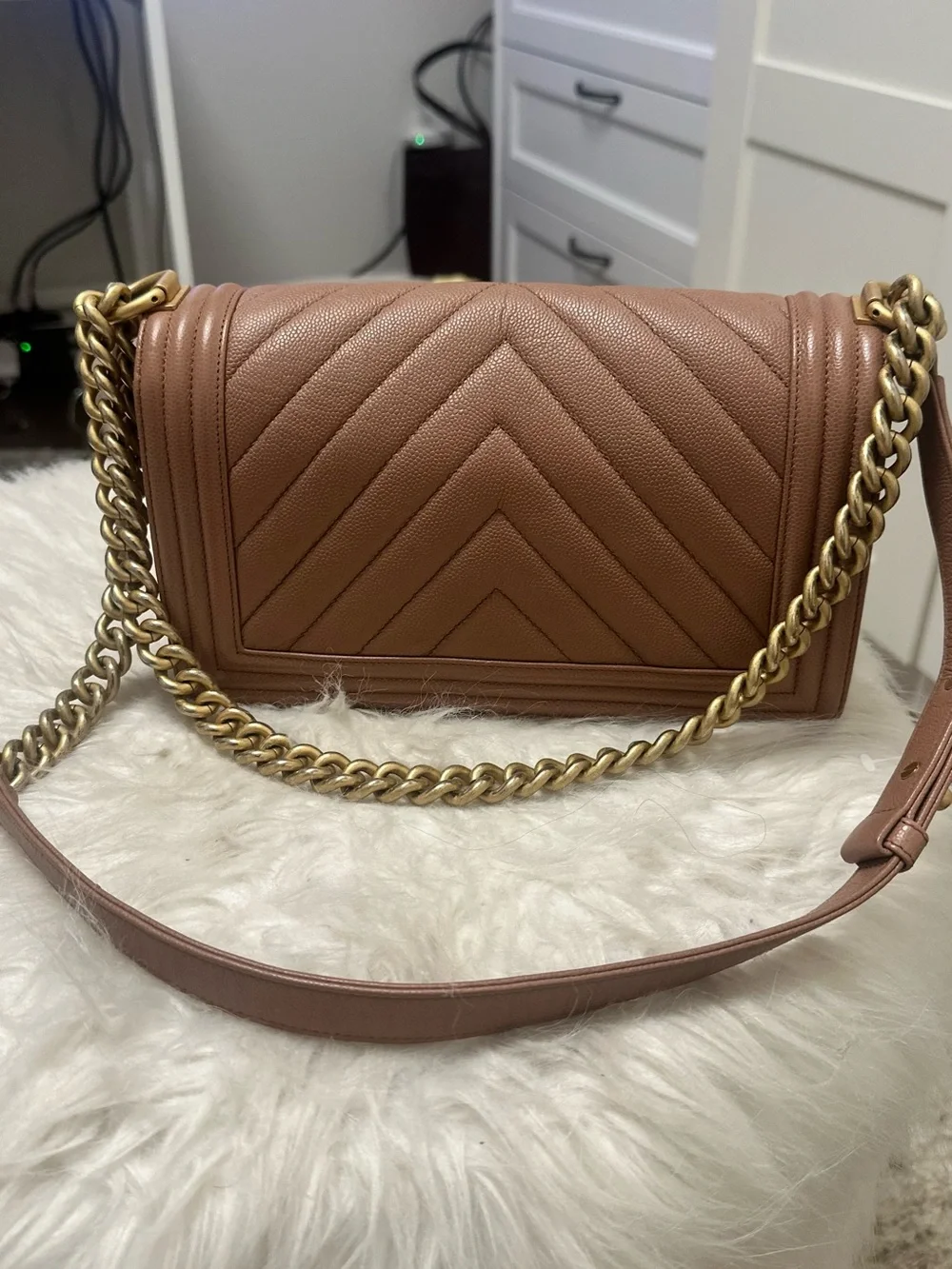 CHANEL Boy Bag Chevron Quilted Leather Shoulder Bag Beige